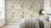 Bedroom wall featuring Warm Neutral Chrysanthemum wallpaper in a light floral repeat