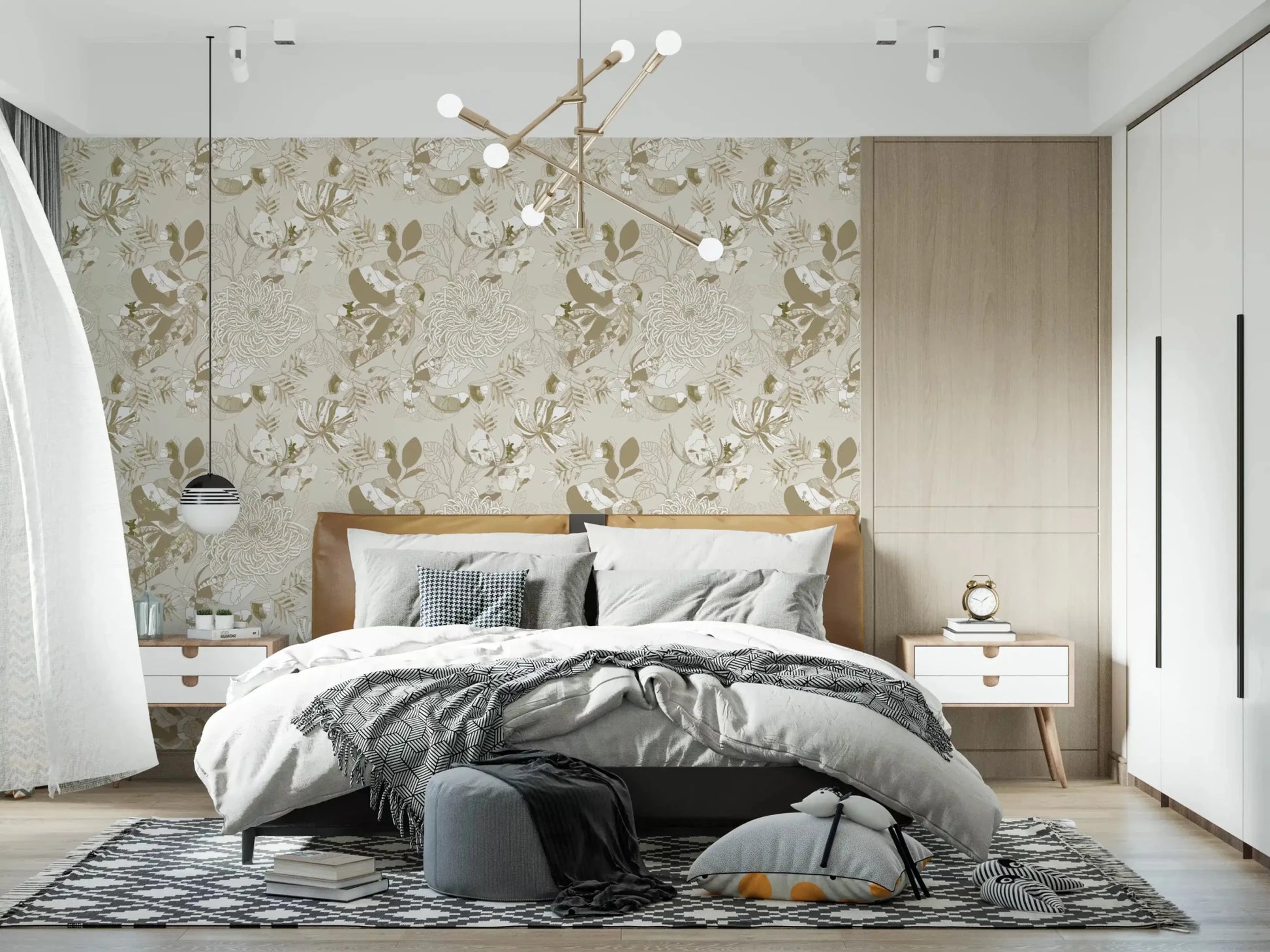 Soft neutral blooms spread across Warm Neutral Chrysanthemum wallpaper gracefully