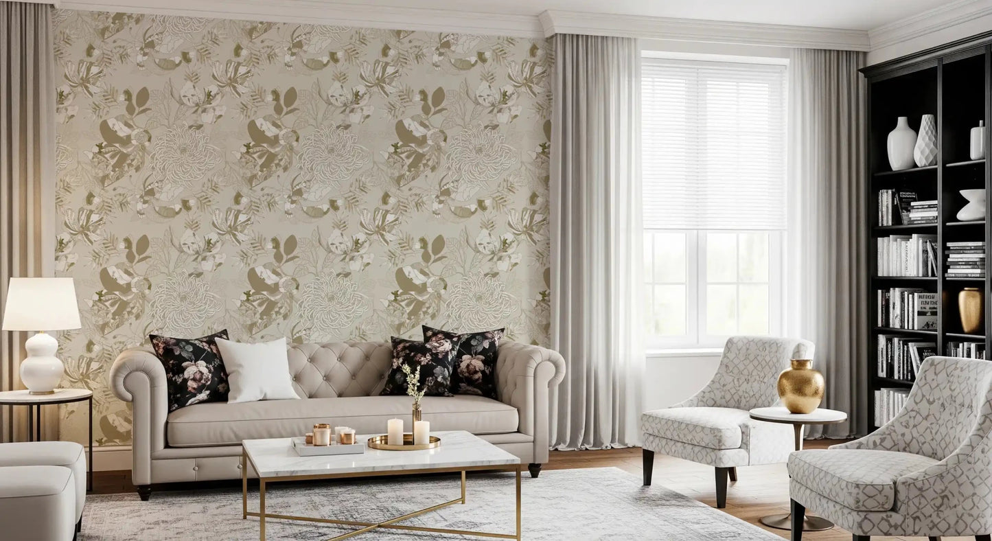 Hallway finished with Warm Neutral Chrysanthemum wallpaper and leafy branch detail