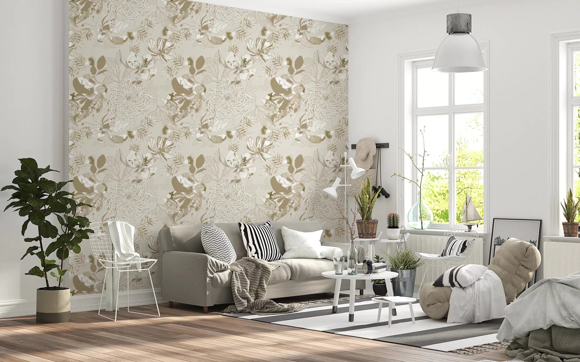 Warm Neutral Chrysanthemum wallpaper pairs delicate leaves with calm floral detail