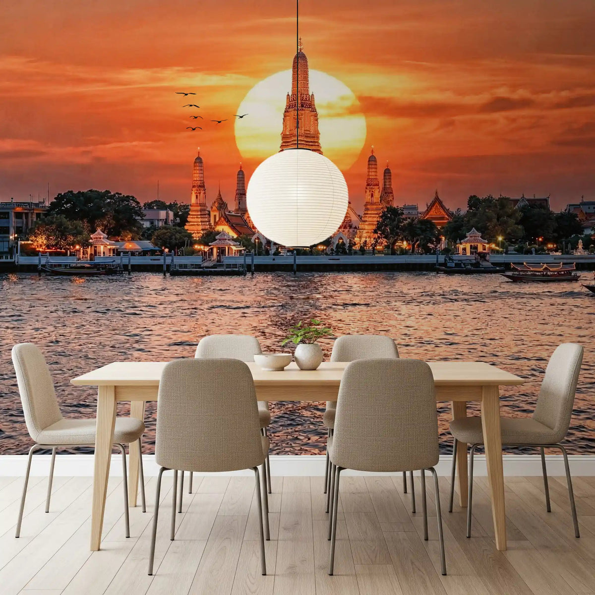 Soft amber light spills across the dining room from the Wat Arun Sunset wall mural, GD9069