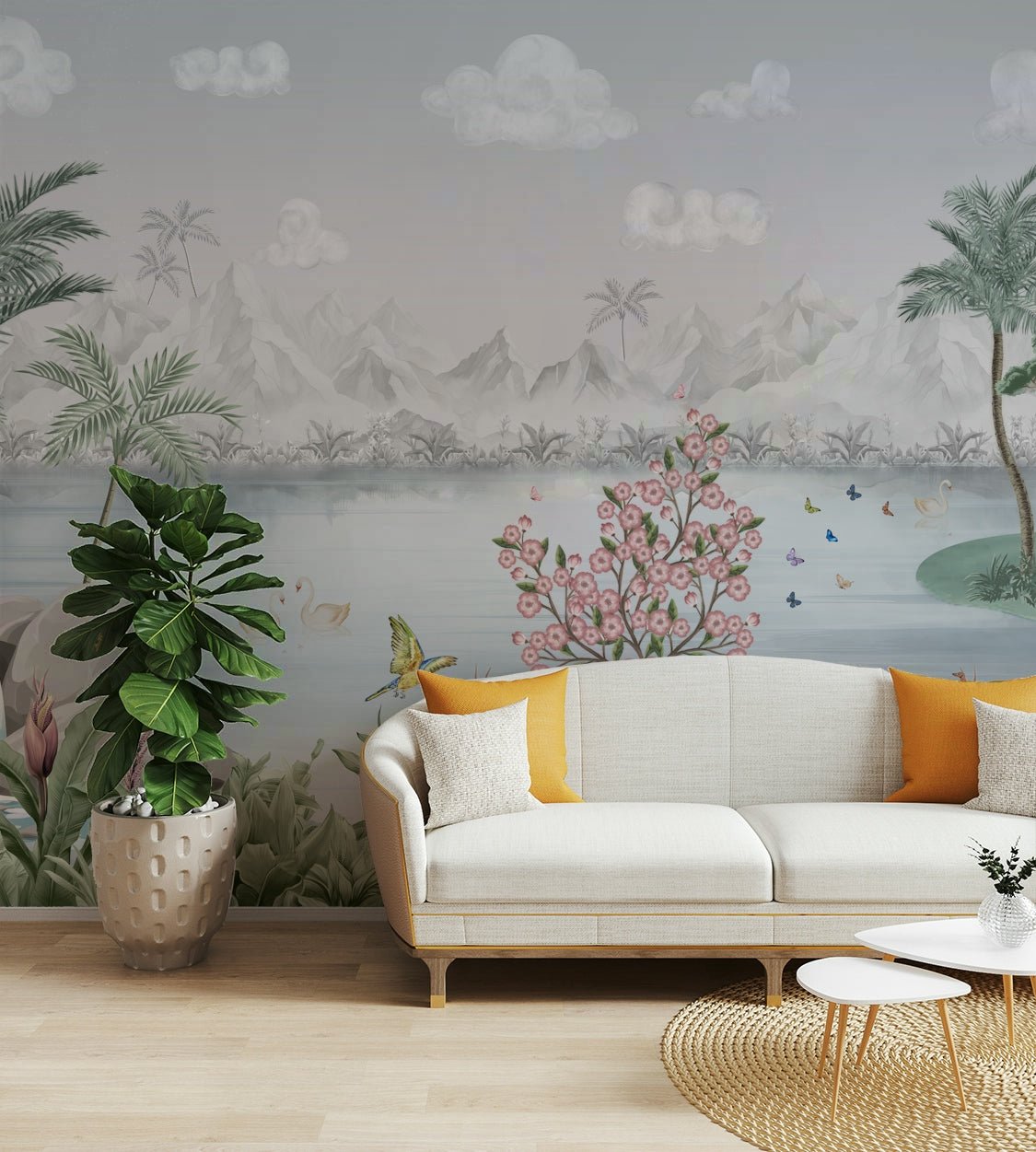 The scene shows lily pads and blossoming flowers floating on water.

