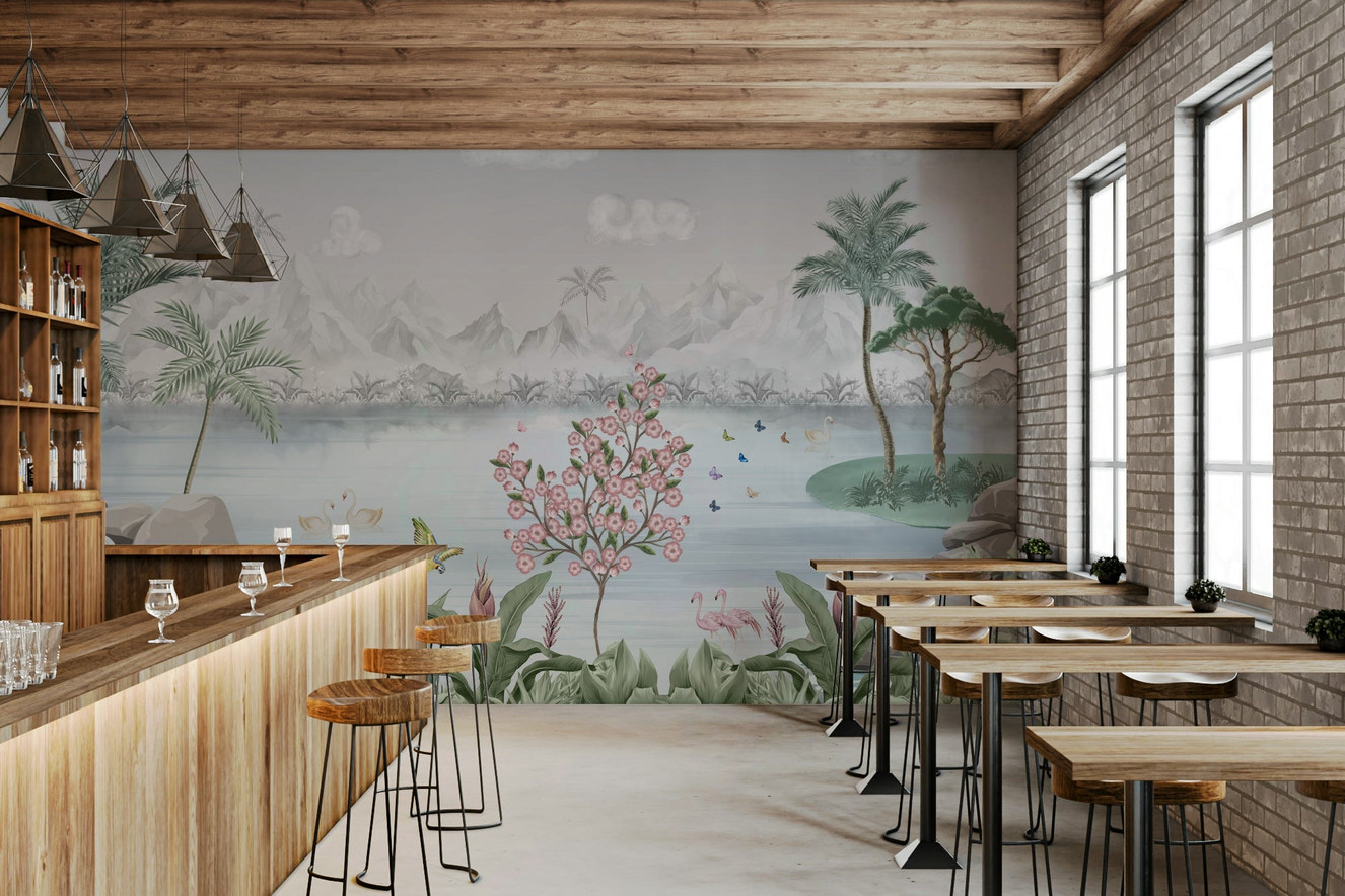 An elegant wall mural with a peaceful water garden.

