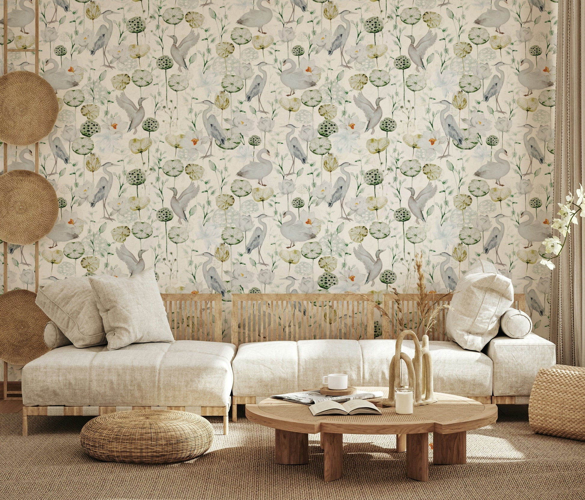 Wall decor featuring grey herons ducks Water Garden Serenity subtle design.