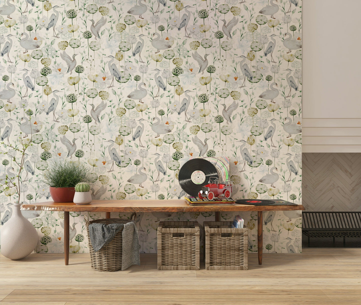 Soft elegant waterfowl and lotus Water Garden Serenity wallcovering.