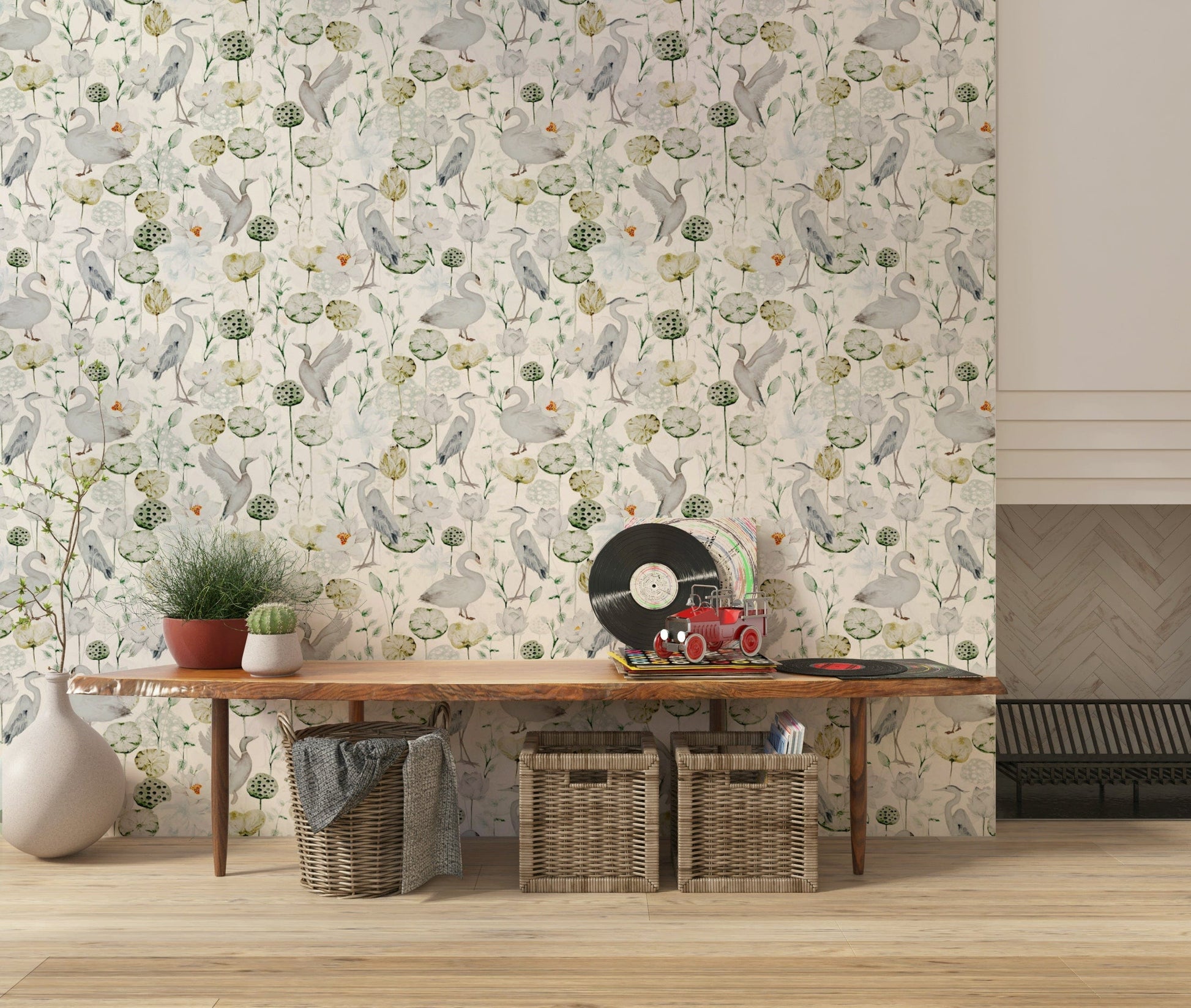 Soft elegant waterfowl and lotus Water Garden Serenity wallcovering.