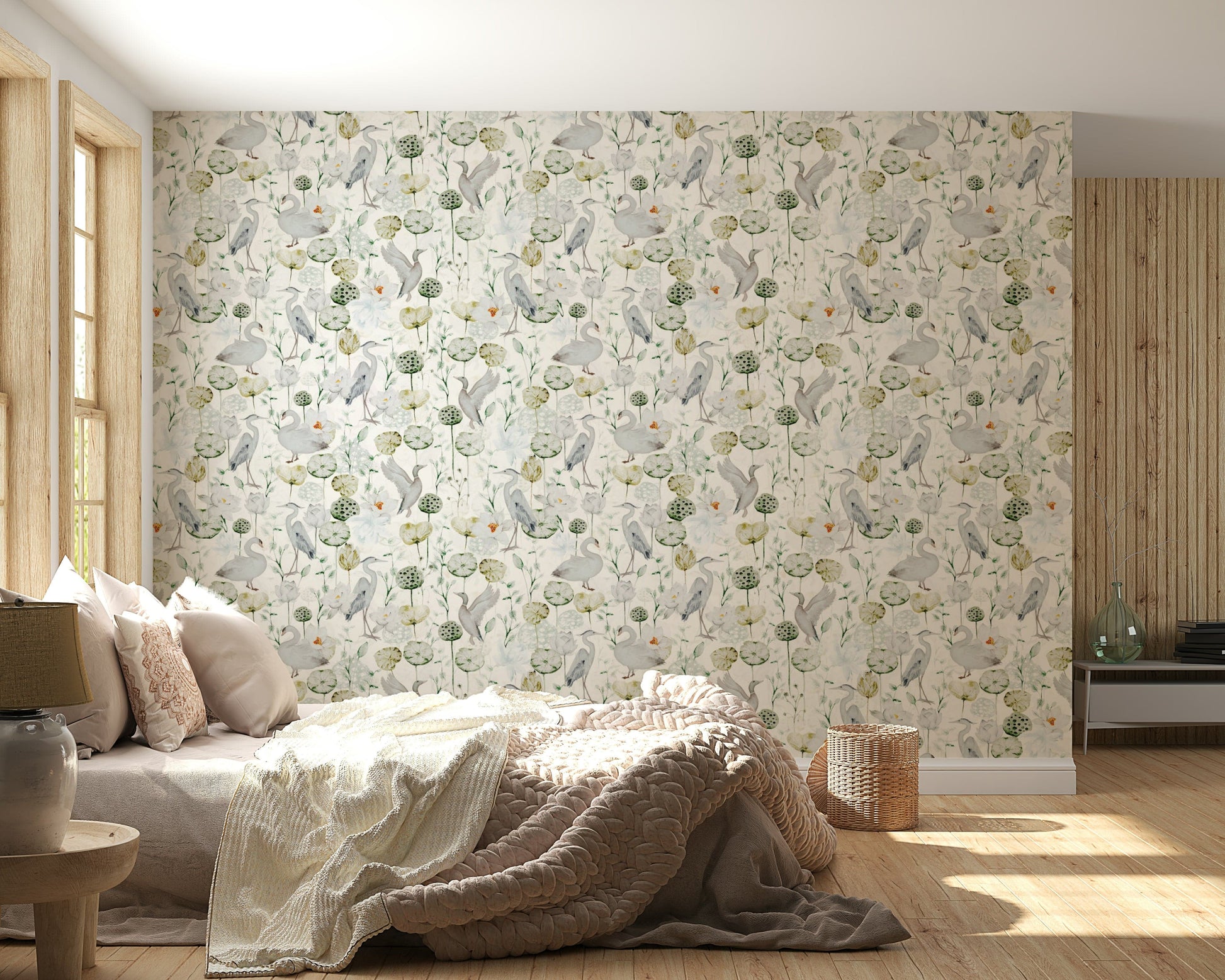 Water Garden Serenity wallpaper mural with pale herons and ducks amongst lotus flowers.