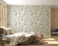 Water Garden Serenity wallpaper mural with pale herons and ducks amongst lotus flowers.