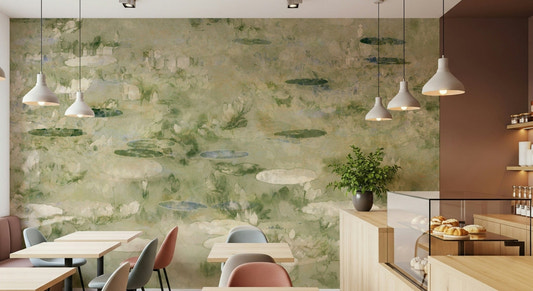 A beautiful water lily dreamscape wallpaper mural with soft, aquatic flowers.