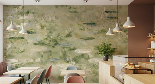 A beautiful water lily dreamscape wallpaper mural with soft, aquatic flowers.