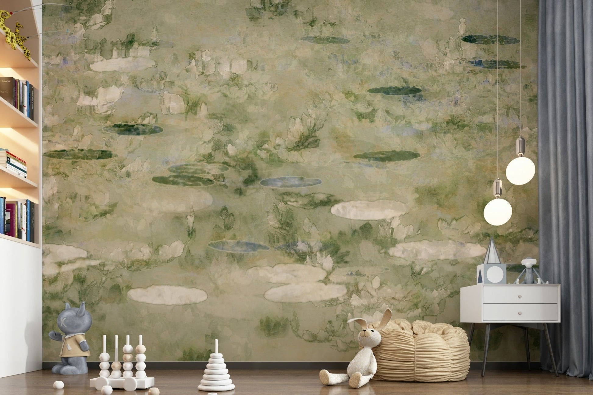 An artistic delicate bloom mural on minimalist wallpaper.