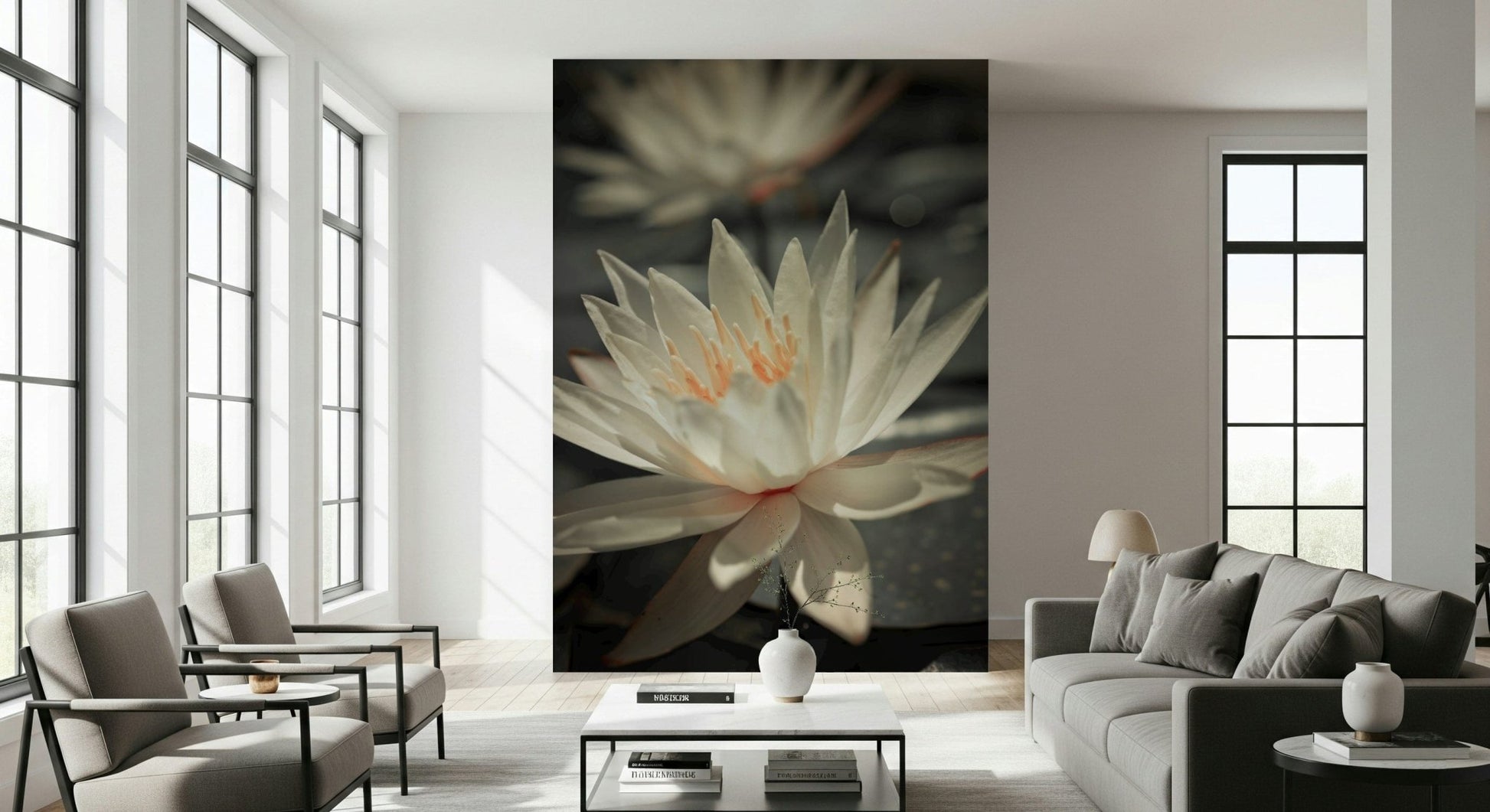 White and yellow petals, detailed floral print, unique Wall Mural focus.