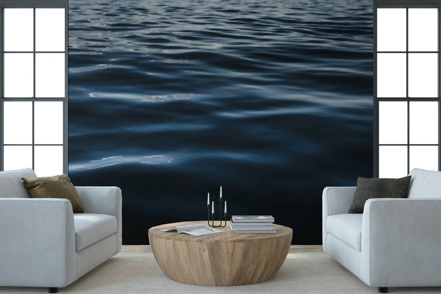 Bathroom accent wall with water ripple mural.