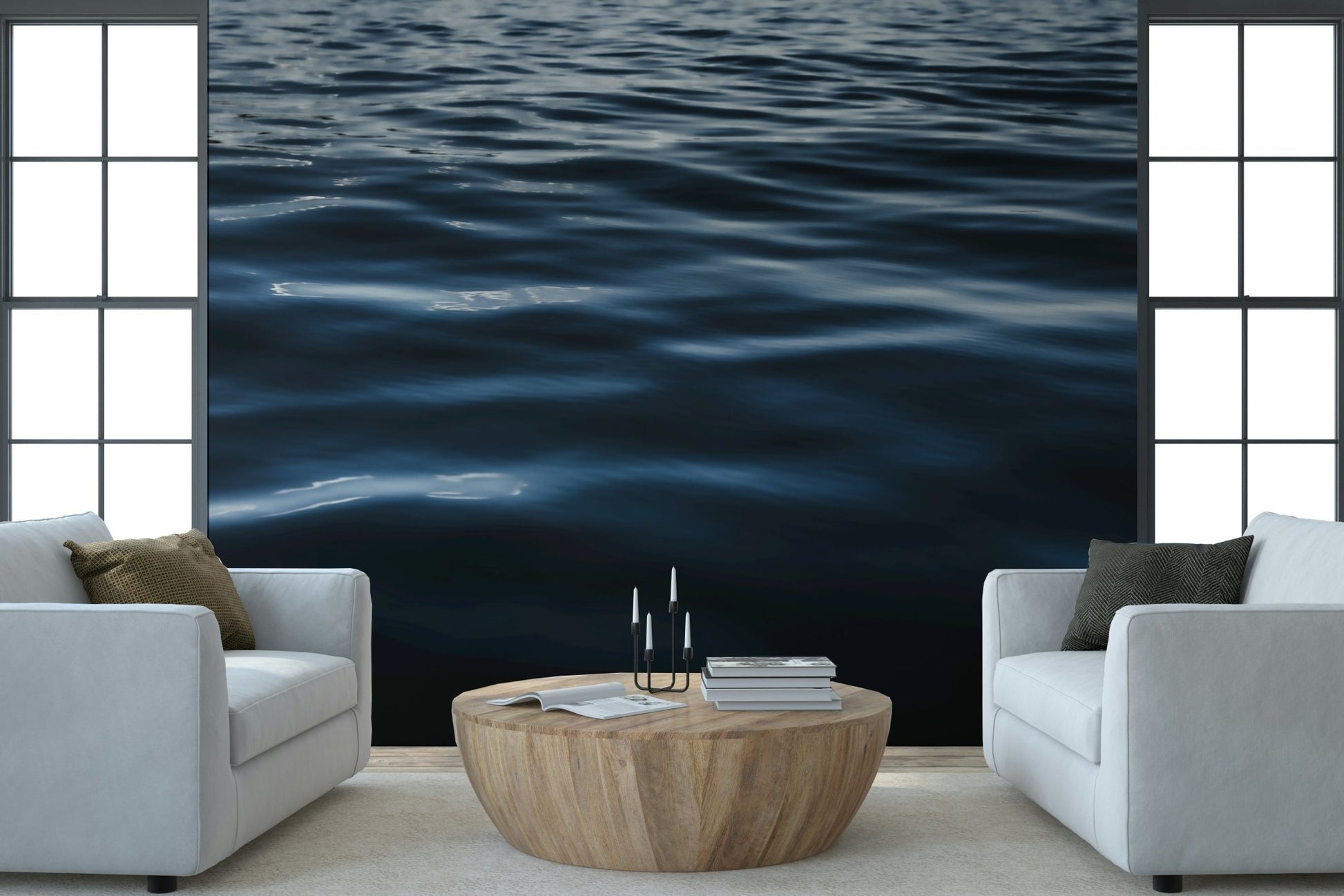 Bathroom accent wall with water ripple mural.