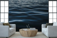 Bathroom accent wall with water ripple mural.
