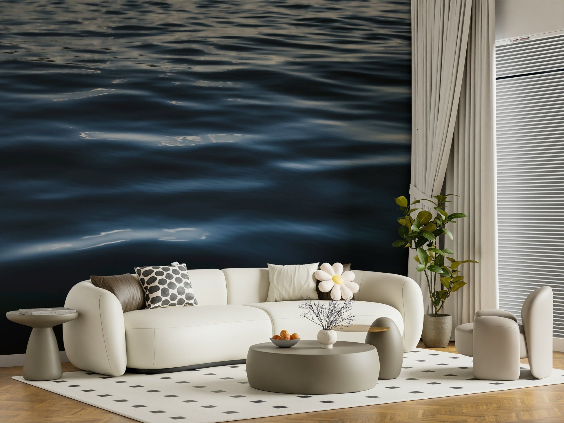 Bathroom with tranquil water ripples wallpaper.