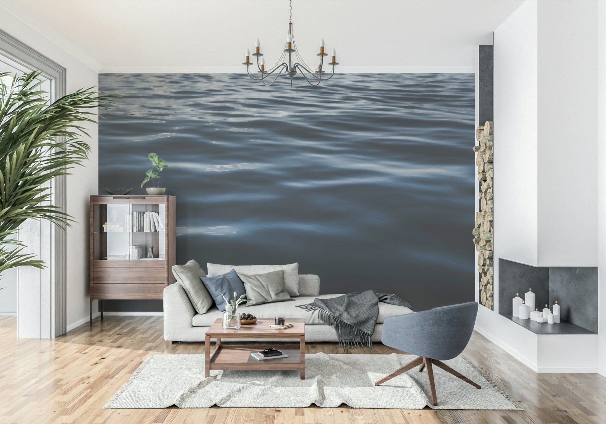 Minimalist sofa against water ripple wallpaper.