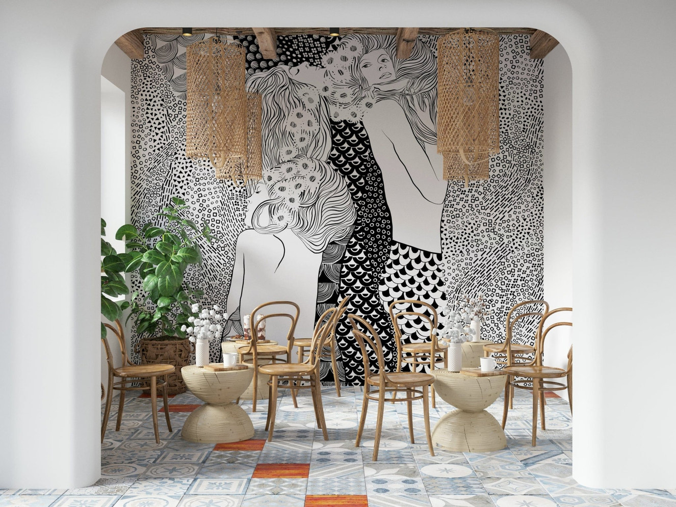 Water Serpents Wall Mural with blue swirls for a living room feature wall.