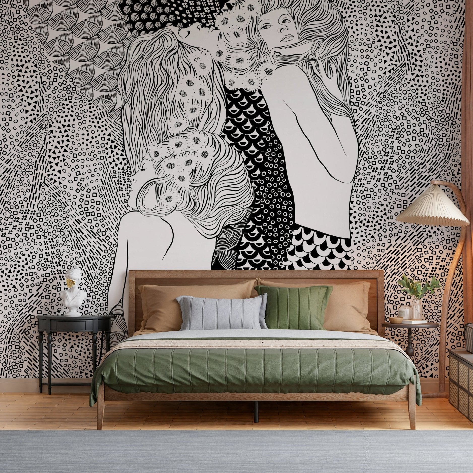 Teal and gold wall mural for a stylish dining area interior., GD7835