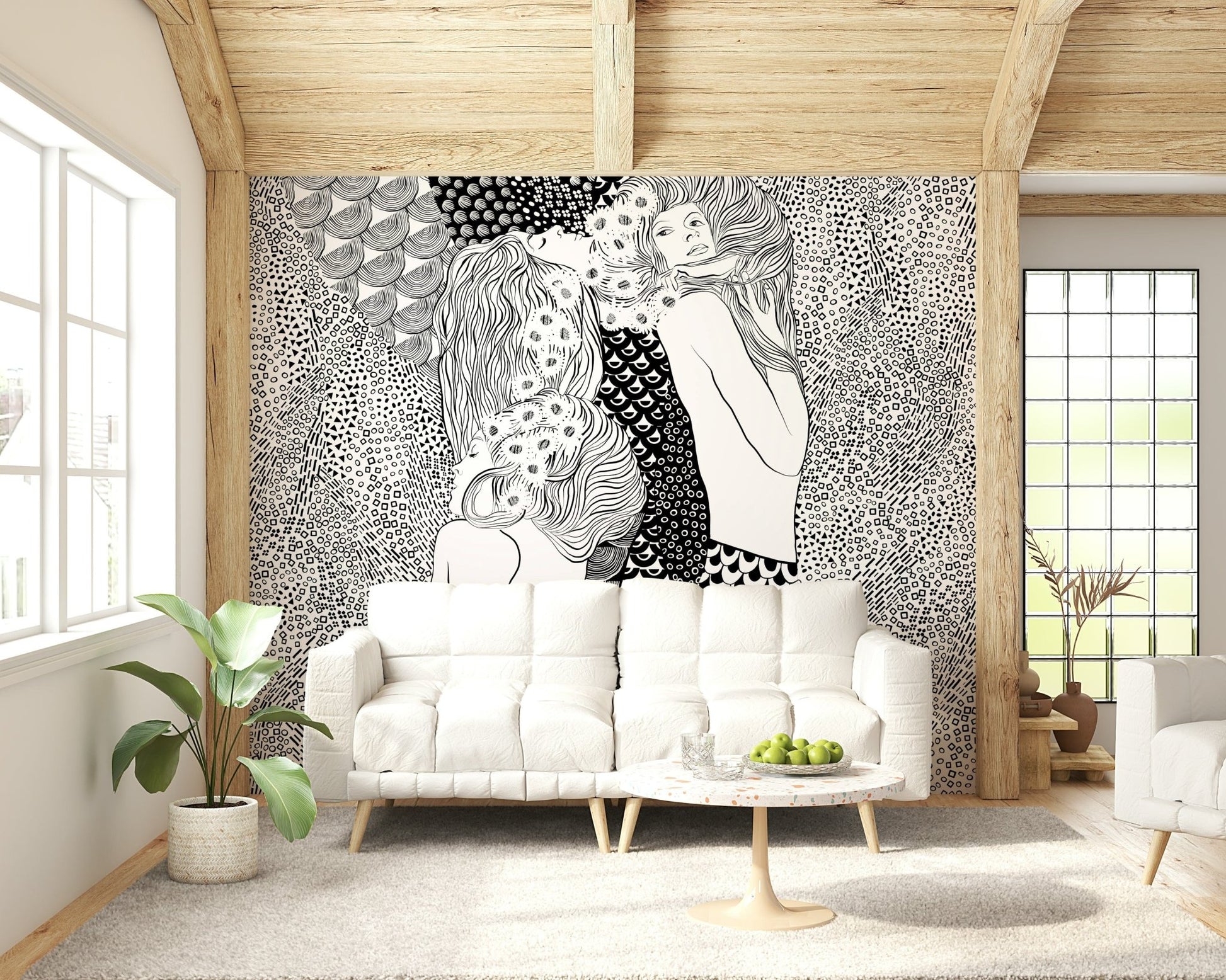Artistic water serpent wallpaper for a serene bedroom atmosphere., GD7835