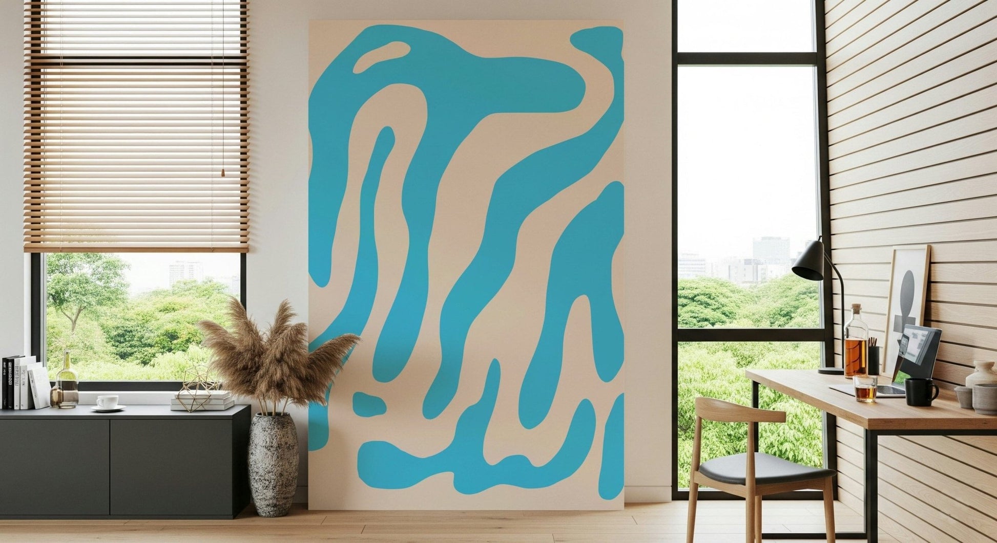 White furniture styled against the soothing Water Wall wallpaper.