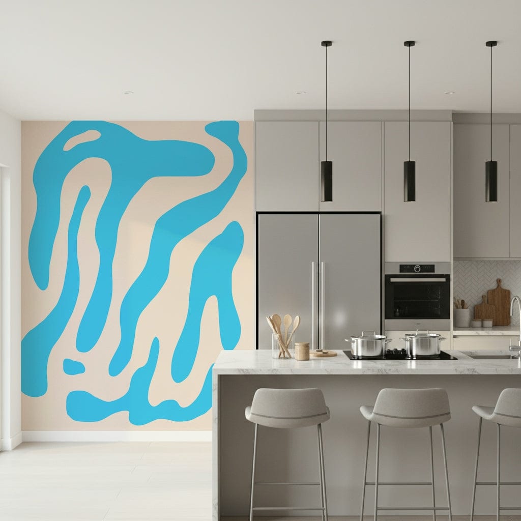 Home office featuring the calming blue Water Wall wallpaper mural.