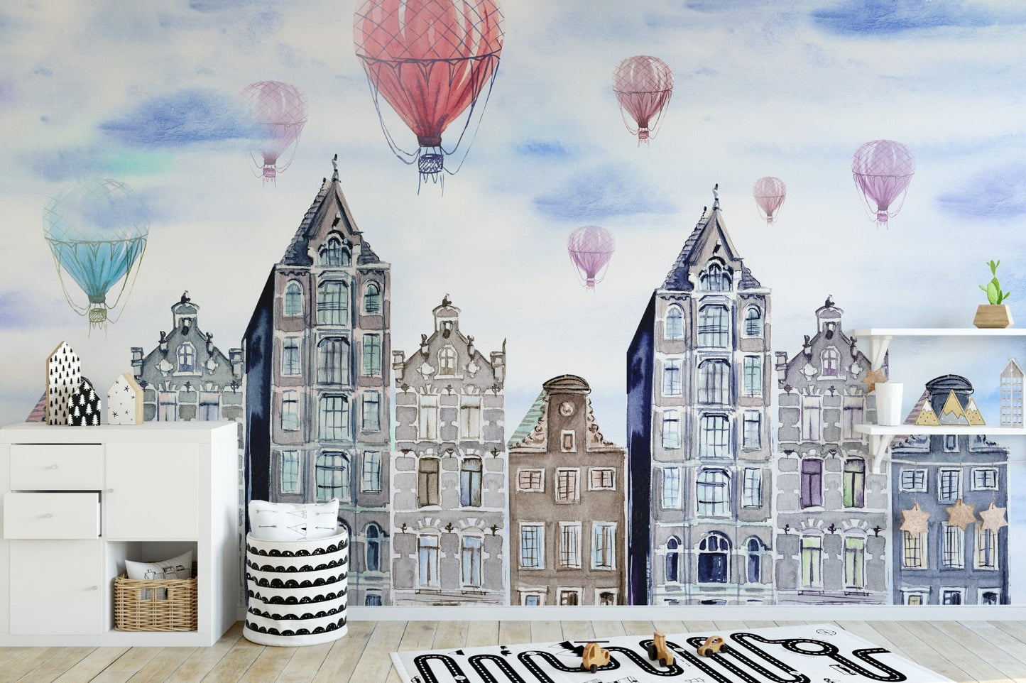 Hot air balloons over Amsterdam skyline wallpaper mural A810