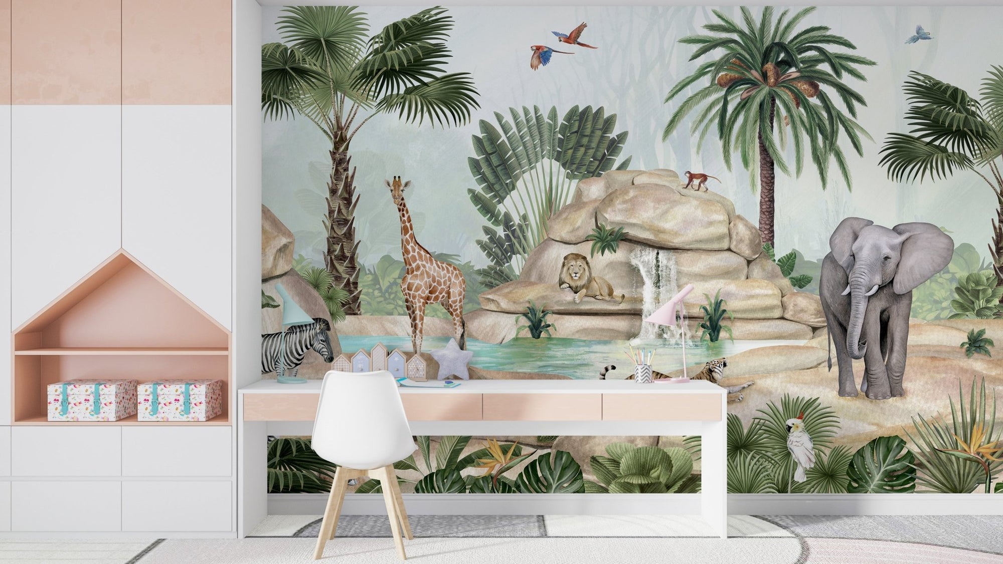Watercolor wildlife wallpaper featuring animals near a pond KB33
