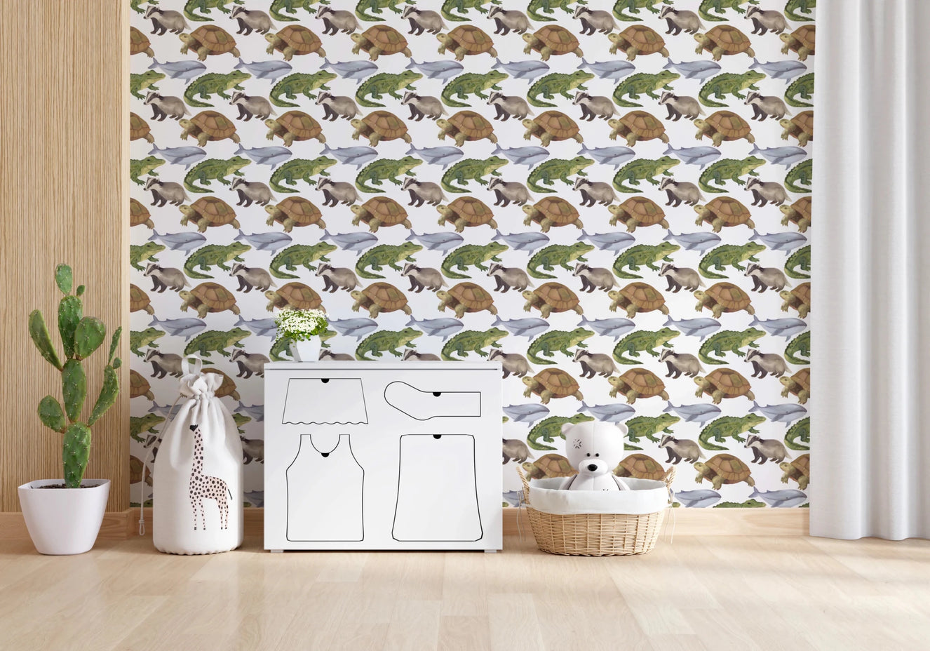 Vanity corner with Watercolor Animals Tortoise Crocodile Whale Wallpaper