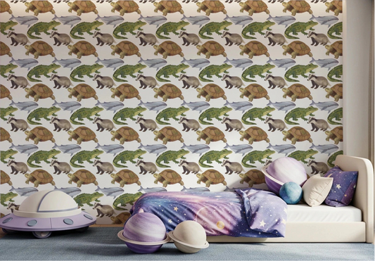 Kids room with Watercolor Animals Tortoise Crocodile Whale Wallpaper behind a low bed
