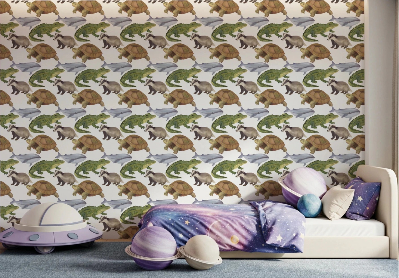 Kids room with Watercolor Animals Tortoise Crocodile Whale Wallpaper behind a low bed