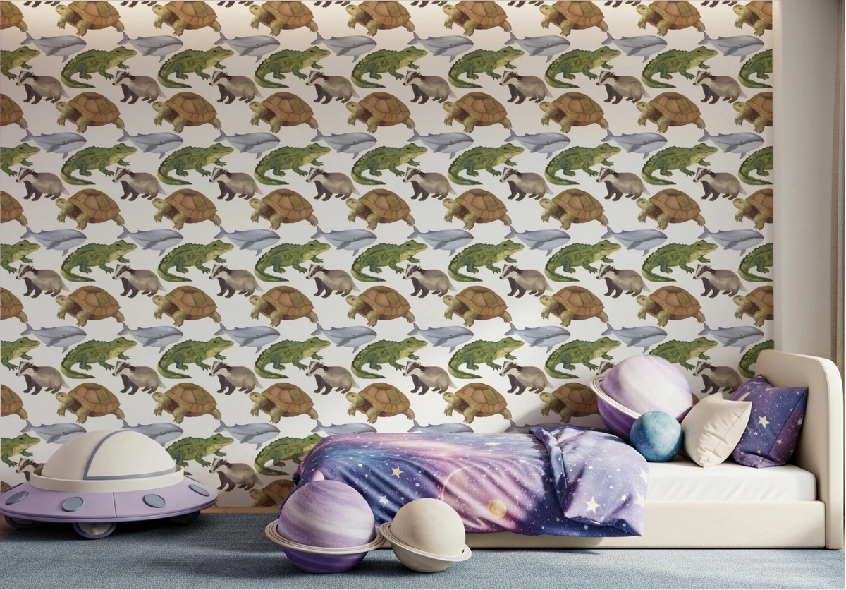 Kids room with Watercolor Animals Tortoise Crocodile Whale Wallpaper behind a low bed, GD8848