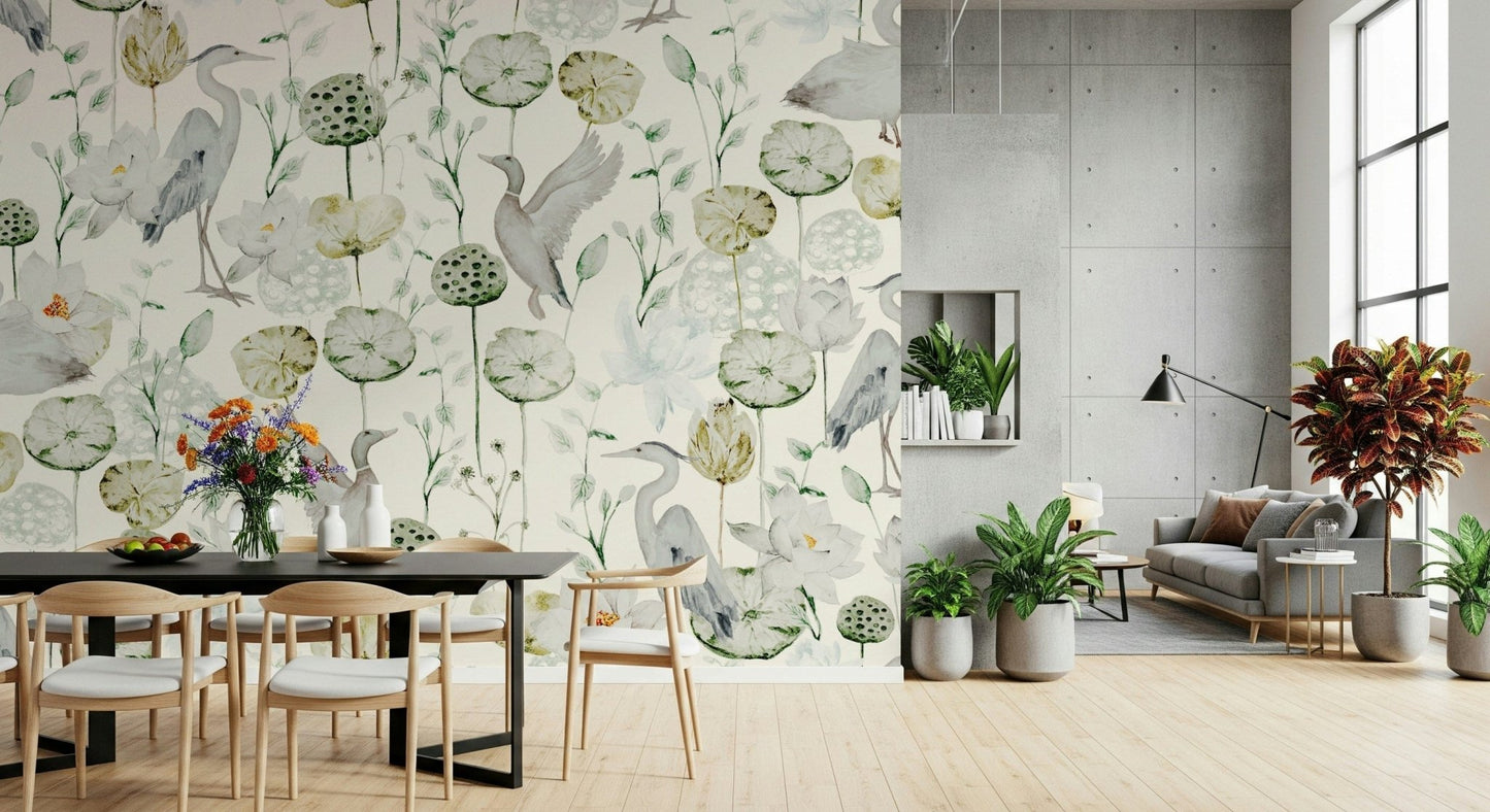 Soft cream background wall covering featuring Watercolor Bird Haven.