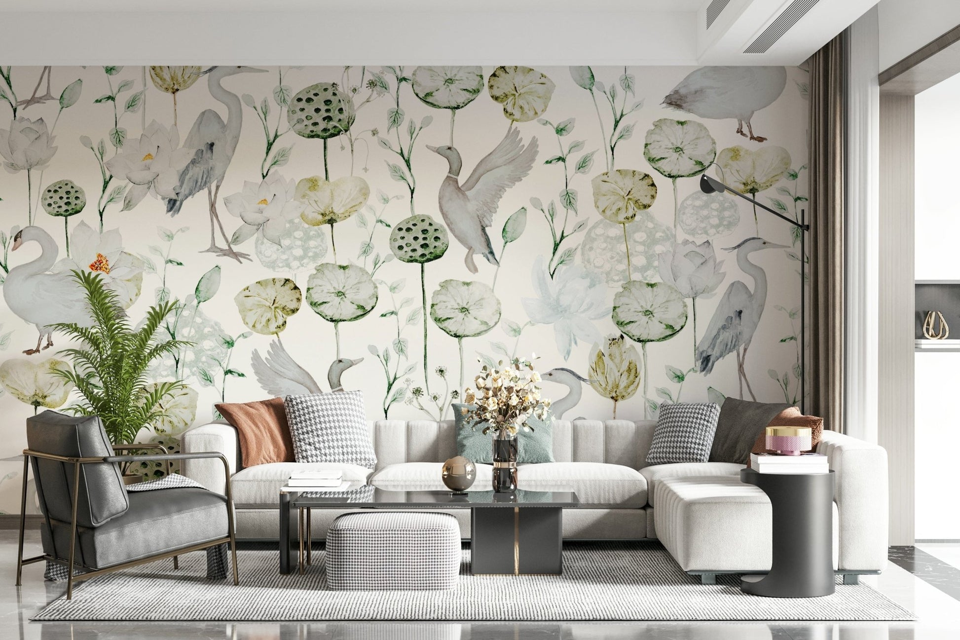 Watercolor Bird Haven wallpaper with elegant white heron art.