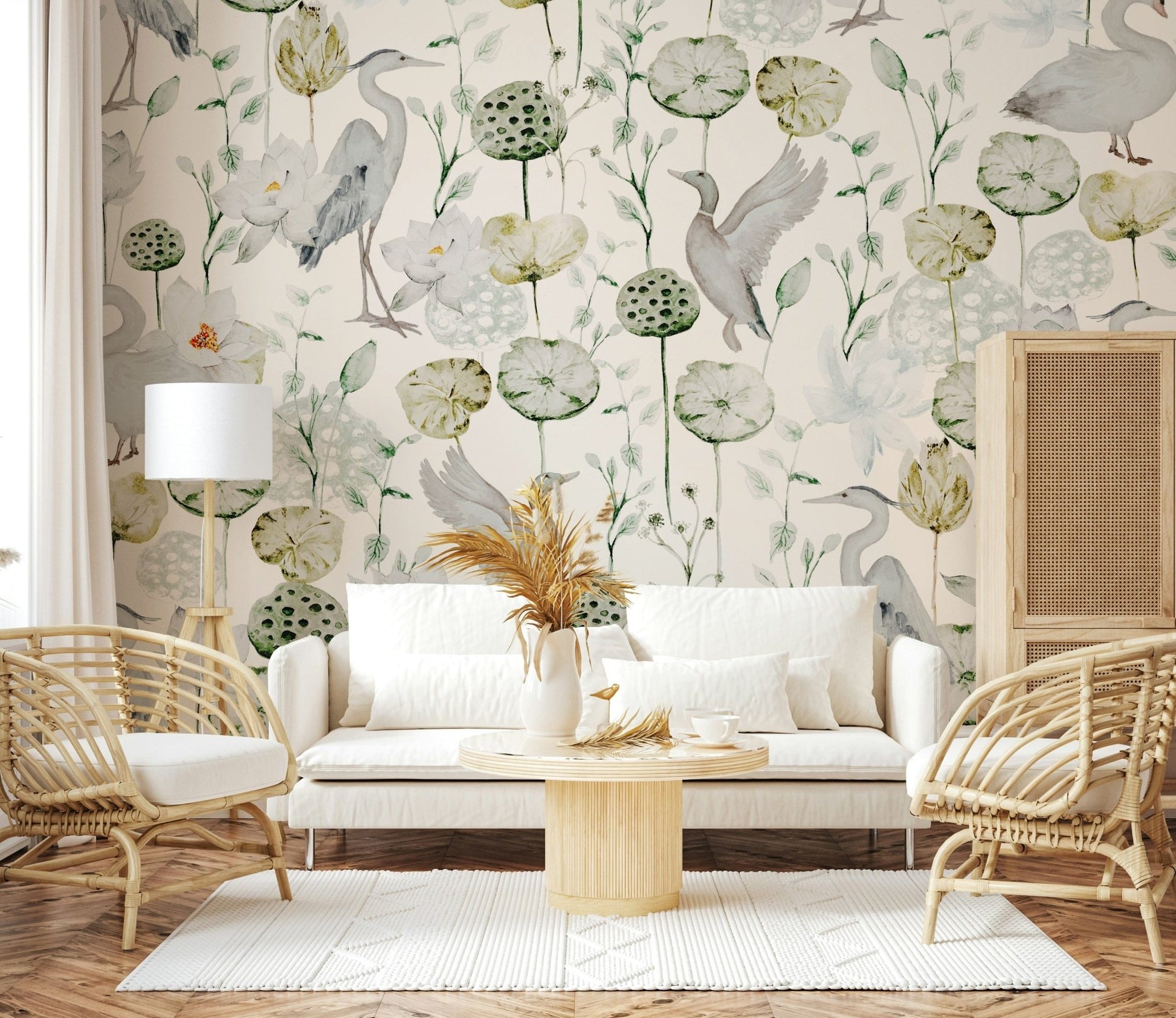 Tranquil swan and egret wall mural Watercolor Bird Haven.