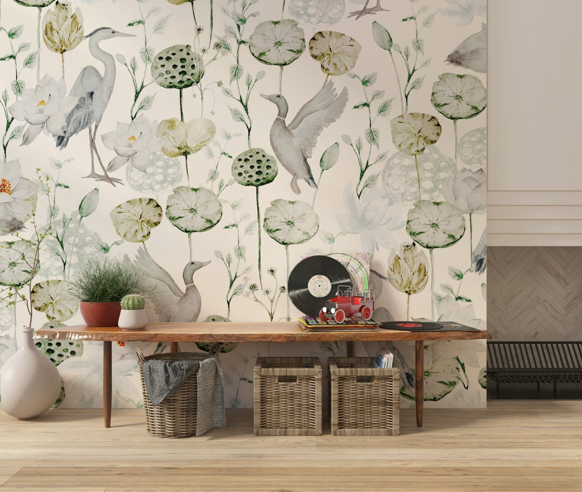 Graceful waterfowl mural design Watercolor Bird Haven print.