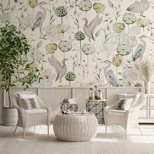 Elegant Watercolor Bird Haven wall decor, flying bird figure, white flowering lotus.