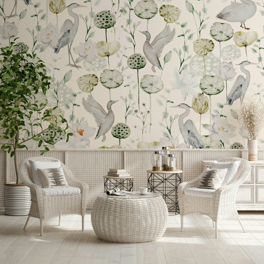 Elegant Watercolor Bird Haven wall decor, flying bird figure, white flowering lotus.