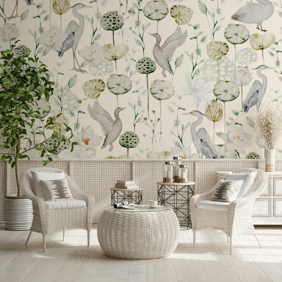 Elegant Watercolor Bird Haven wall decor, flying bird figure, white flowering lotus., GD7207