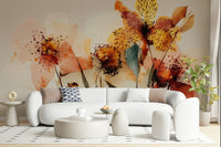 A curved sofa setting feels lighter with Watercolor Bloom Wall Mural behind the seating area, GD7915