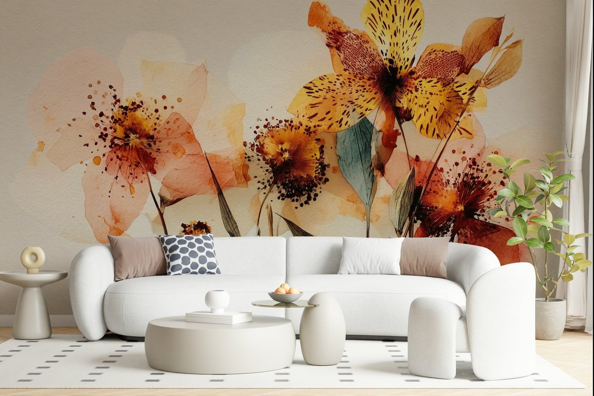 A curved sofa setting feels lighter with Watercolor Bloom Wall Mural behind the seating area, GD7915