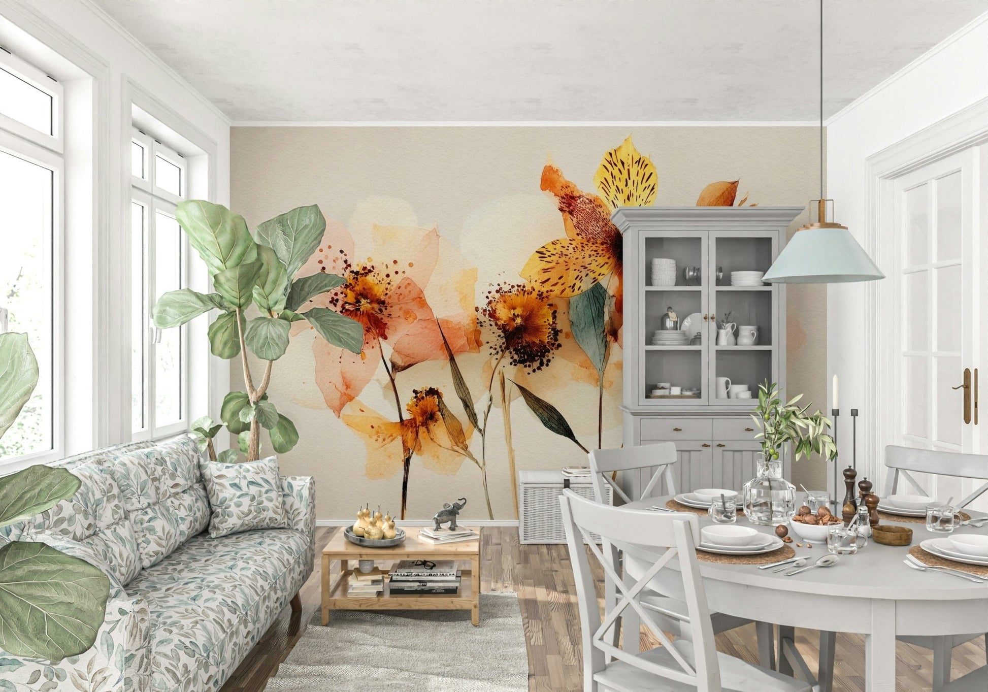 Watercolor Bloom Wall Mural brightens this dining room with soft floral color and warmth, GD7915