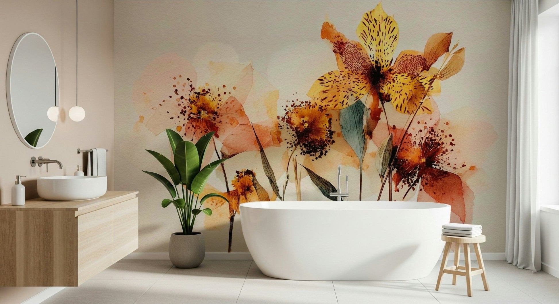 Watercolor Bloom Wall Mural gives this bathroom a gentle floral backdrop with warm tones, GD7915