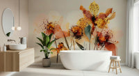 Watercolor Bloom Wall Mural gives this bathroom a gentle floral backdrop with warm tones, GD7915