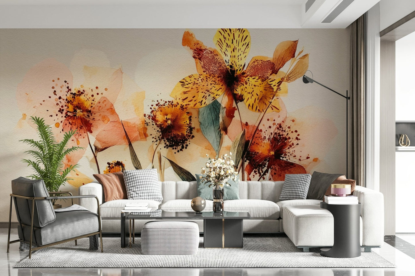 This bright sitting space feels more cheerful with Watercolor Bloom Wall Mural, GD7915