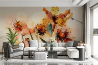 This bright sitting space feels more cheerful with Watercolor Bloom Wall Mural, GD7915
