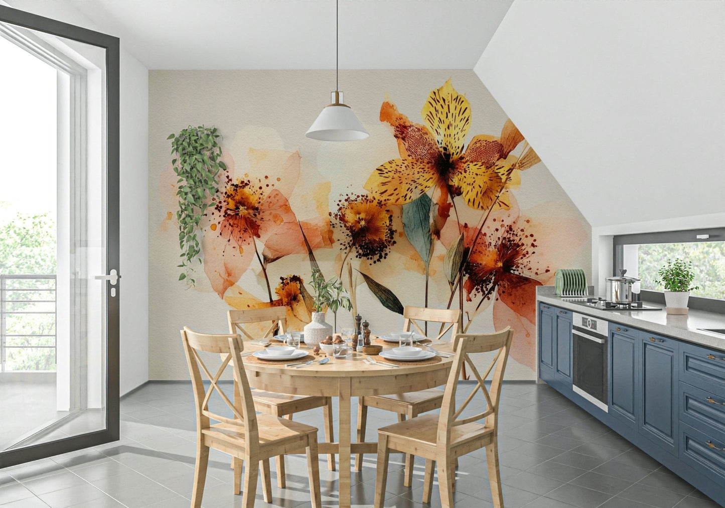 A clean dining nook gains soft botanical charm from Watercolor Bloom Wall Mural, GD7915