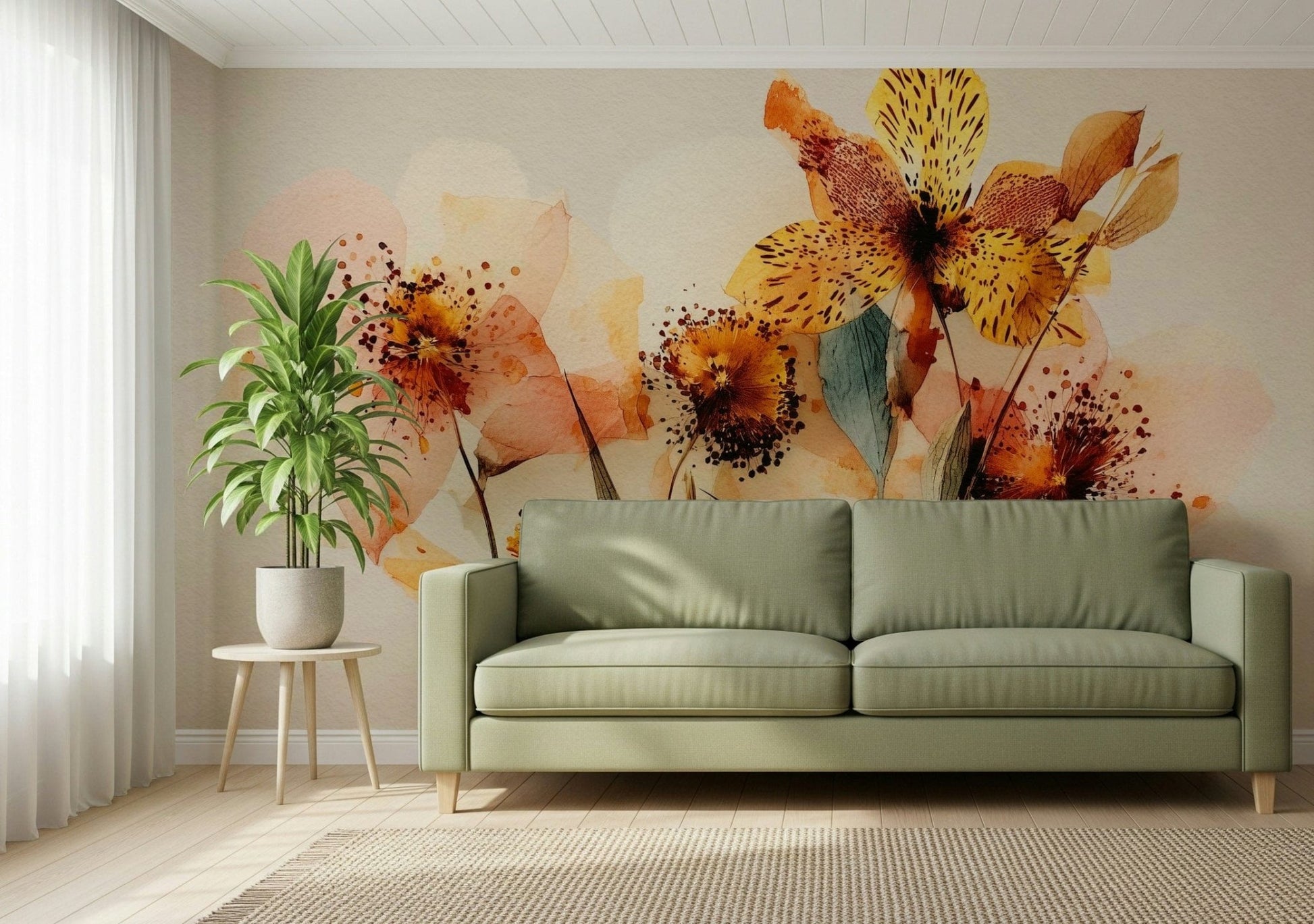 Watercolor Bloom Wall Mural brings painterly floral softness to this calm green lounge, GD7915