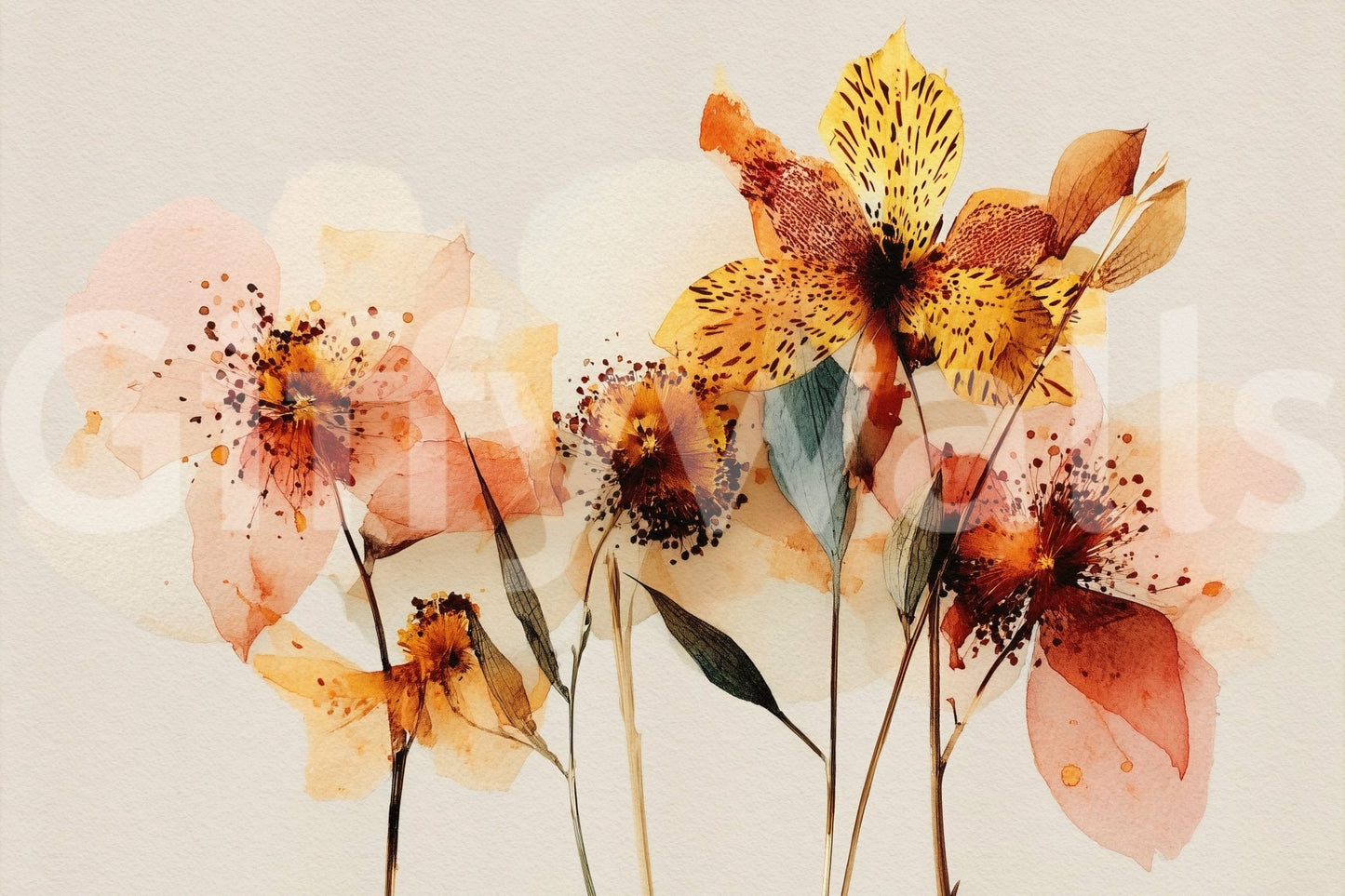Watercolor Bloom wall mural with soft floral washes in peach, amber, and blush tones, GD7915