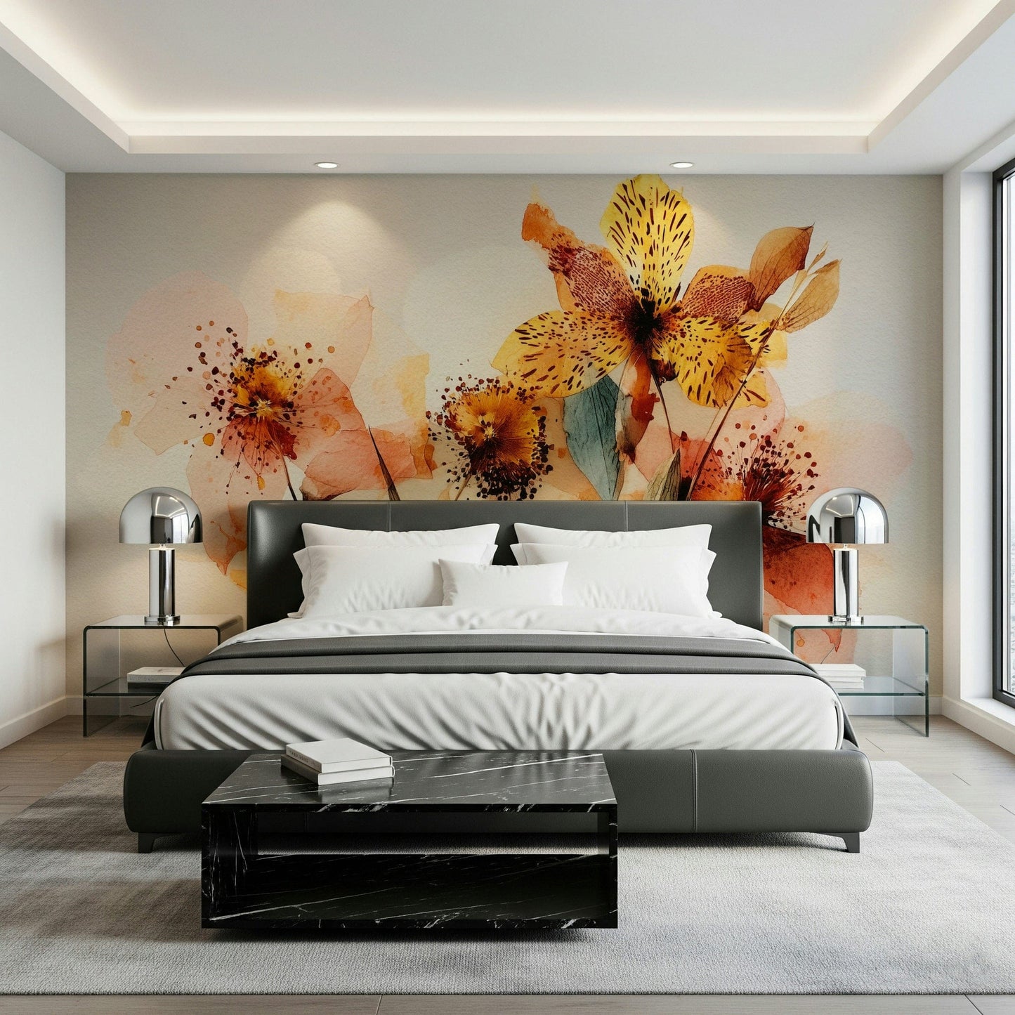 Behind the bed, Watercolor Bloom Wall Mural adds airy flower detail to this bedroom, GD7915